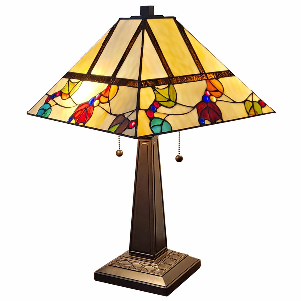 23" Cream and Jewel Stained Glass Two Light Mission Style Table Lamp By Homeroots | Table Lamps | Modishstore - 2