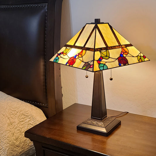 23" Cream and Jewel Stained Glass Two Light Mission Style Table Lamp By Homeroots | Table Lamps | Modishstore