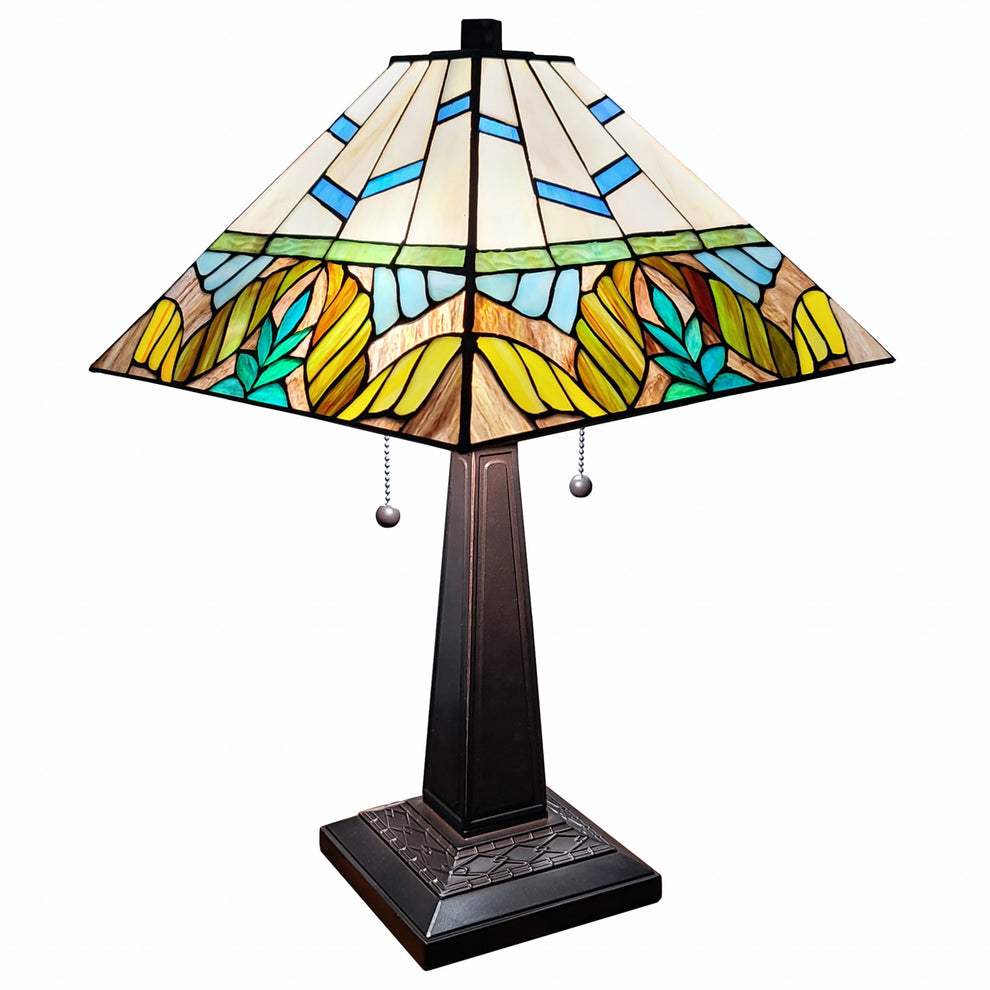 23" White and Aqua Stained Glass Two Light Mission Style Table Lamp By Homeroots | Table Lamps | Modishstore - 2