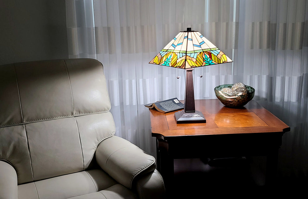 23" White and Aqua Stained Glass Two Light Mission Style Table Lamp By Homeroots | Table Lamps | Modishstore - 3
