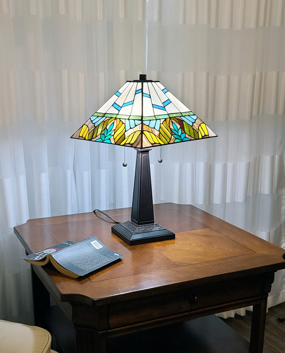 23" White and Aqua Stained Glass Two Light Mission Style Table Lamp By Homeroots | Table Lamps | Modishstore - 4