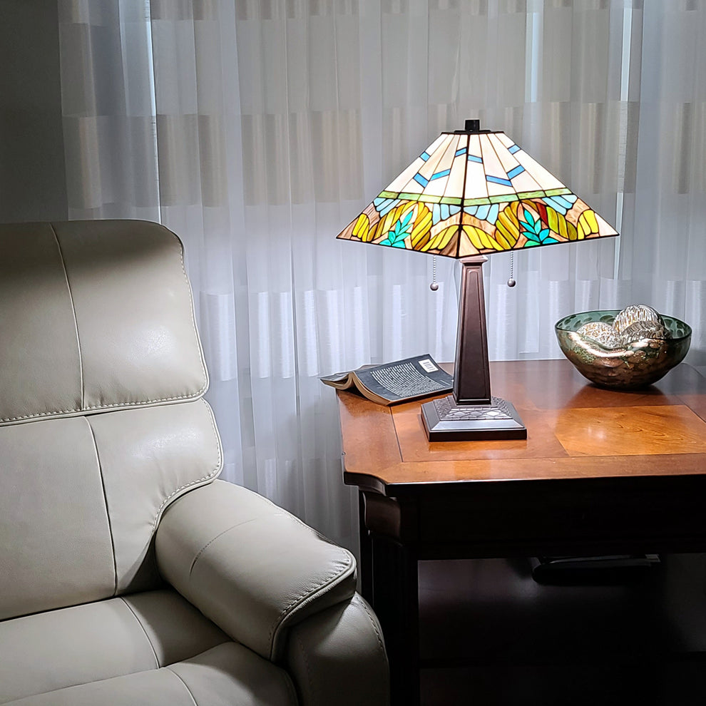 23" White and Aqua Stained Glass Two Light Mission Style Table Lamp By Homeroots | Table Lamps | Modishstore - 5