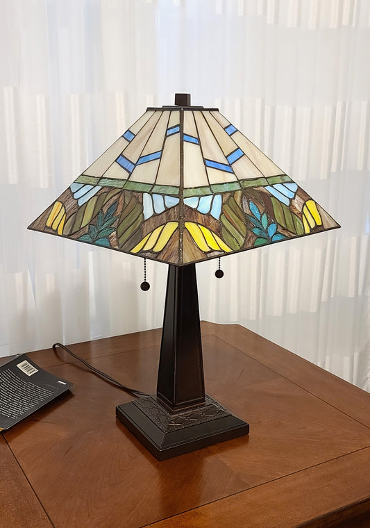 23" White and Aqua Stained Glass Two Light Mission Style Table Lamp By Homeroots | Table Lamps | Modishstore