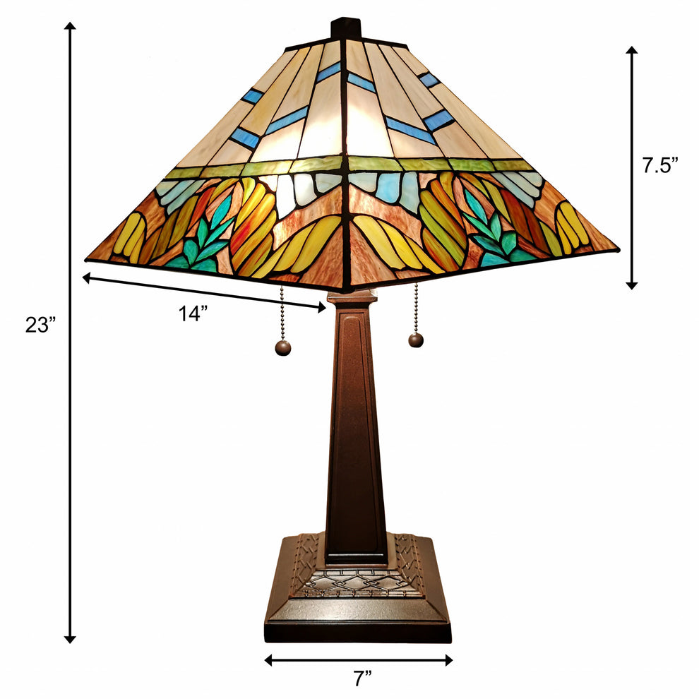 23" White and Aqua Stained Glass Two Light Mission Style Table Lamp By Homeroots | Table Lamps | Modishstore - 6