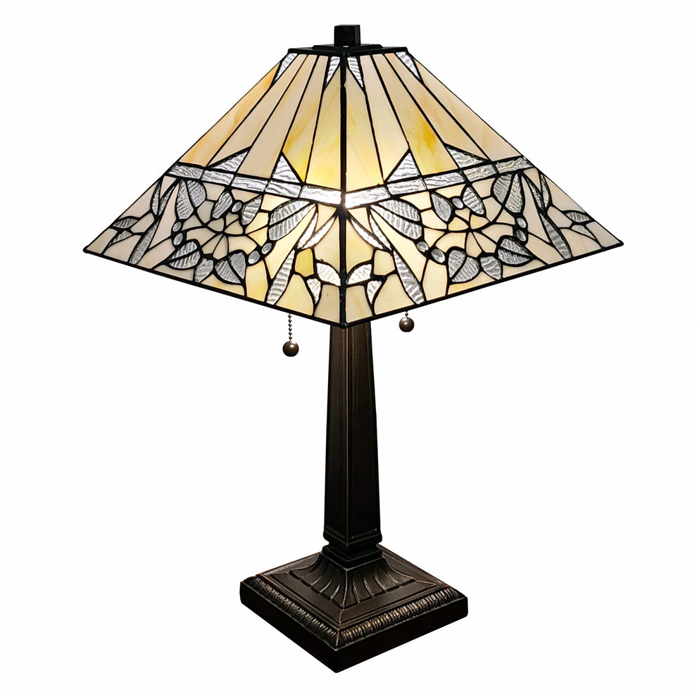 23" Amber and Clear Leaves Stained Glass Two Light Mission Style Table Lamp By Homeroots | Table Lamps | Modishstore - 2