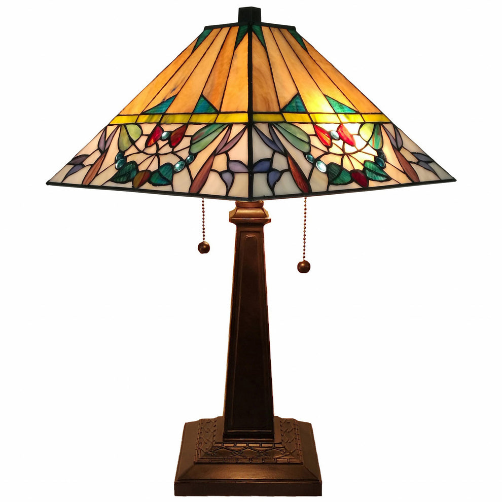 23" Stained Glass Flowery Two Light Mission Style Table Lamp By Homeroots | Table Lamps | Modishstore - 4