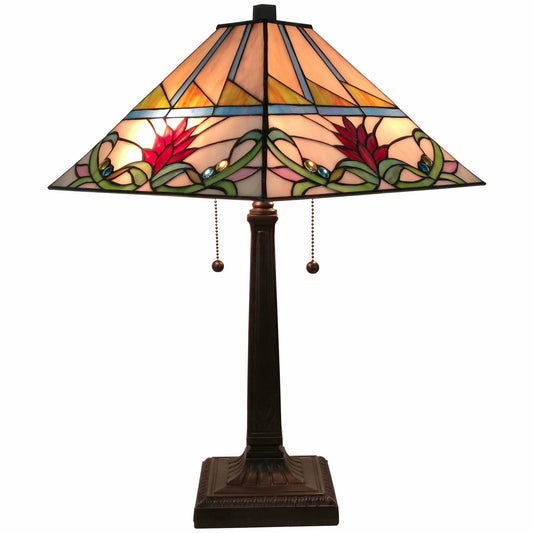23" Cream and Red Floral Stained Glass Two Light Mission Style Table Lamp By Homeroots | Table Lamps | Modishstore