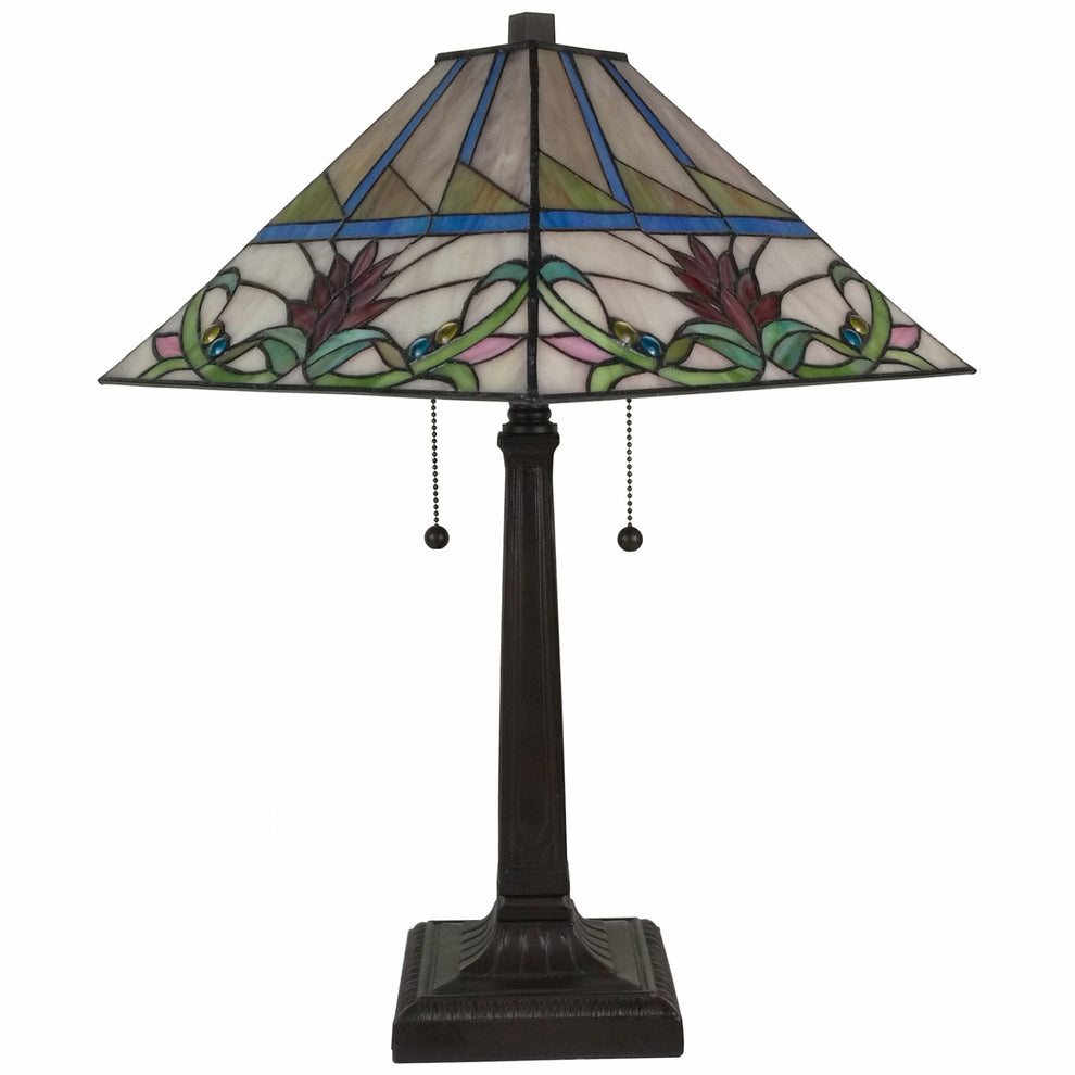 23" Cream and Red Floral Stained Glass Two Light Mission Style Table Lamp By Homeroots | Table Lamps | Modishstore - 2