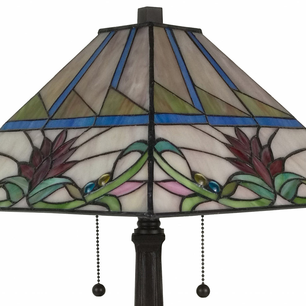 23" Cream and Red Floral Stained Glass Two Light Mission Style Table Lamp By Homeroots | Table Lamps | Modishstore - 4