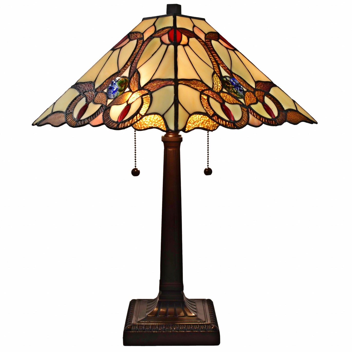 23" Cream Red and Blue Stained Glass Handcrafted Jeweled Two Light Mission Style Table Lamp By Homeroots | Table Lamps | Modishstore