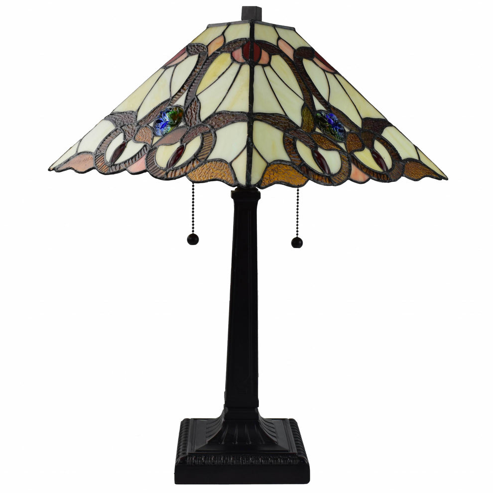 23" Cream Red and Blue Stained Glass Handcrafted Jeweled Two Light Mission Style Table Lamp By Homeroots | Table Lamps | Modishstore - 2
