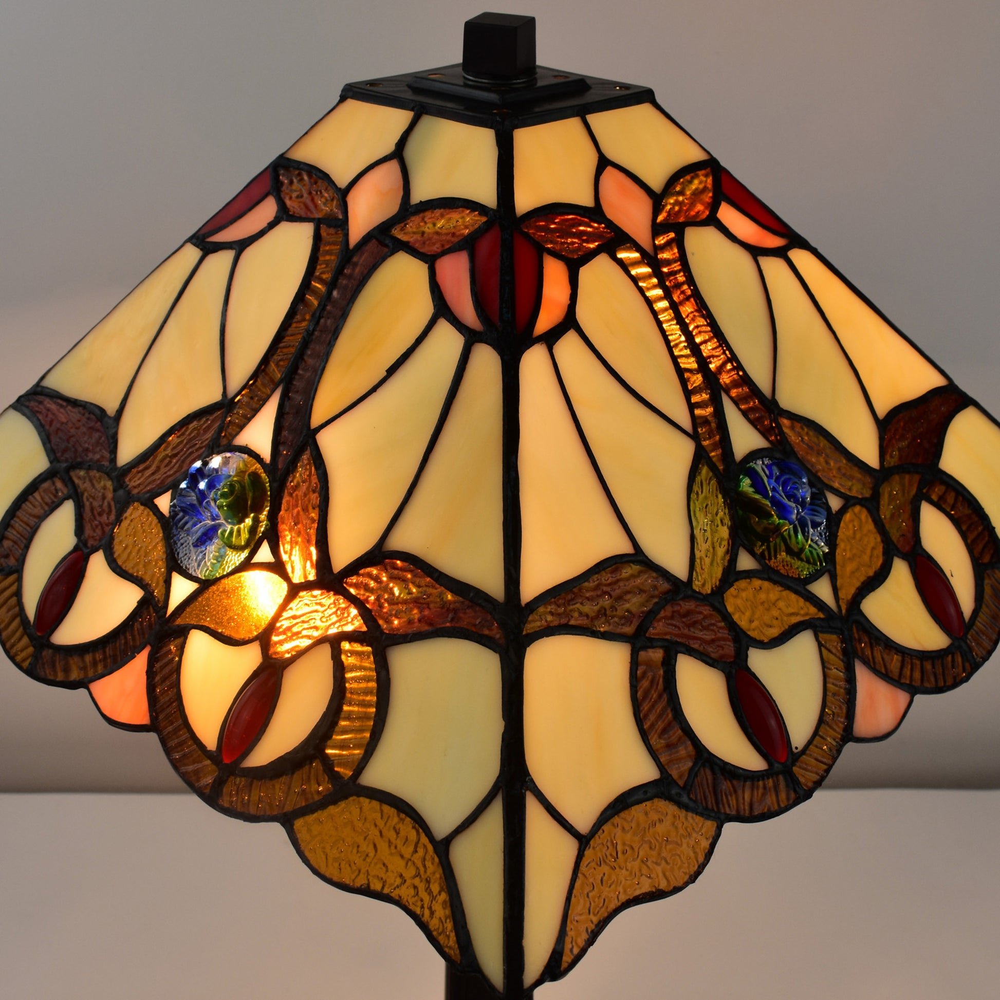 23" Cream Red and Blue Stained Glass Handcrafted Jeweled Two Light Mission Style Table Lamp By Homeroots | Table Lamps | Modishstore - 4