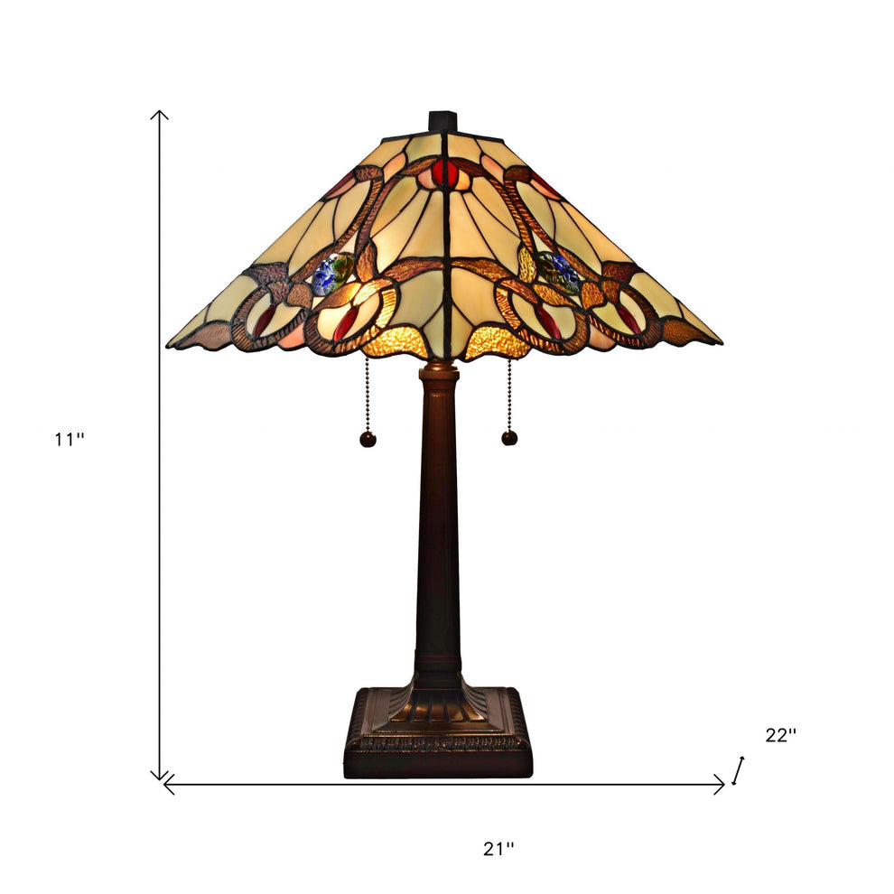 23" Cream Red and Blue Stained Glass Handcrafted Jeweled Two Light Mission Style Table Lamp By Homeroots | Table Lamps | Modishstore - 5