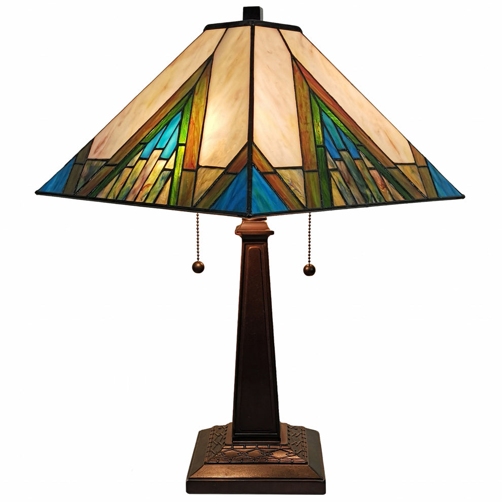 23" Stained Glass Handcrafted Pyramid Style Two Light Mission Style Table Lamp By Homeroots | Table Lamps | Modishstore - 2