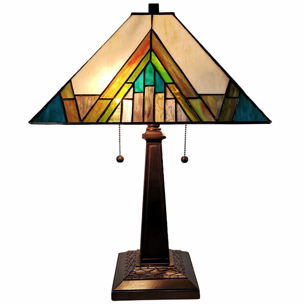 23" Stained Glass Handcrafted Pyramid Style Two Light Mission Style Table Lamp By Homeroots | Table Lamps | Modishstore - 3