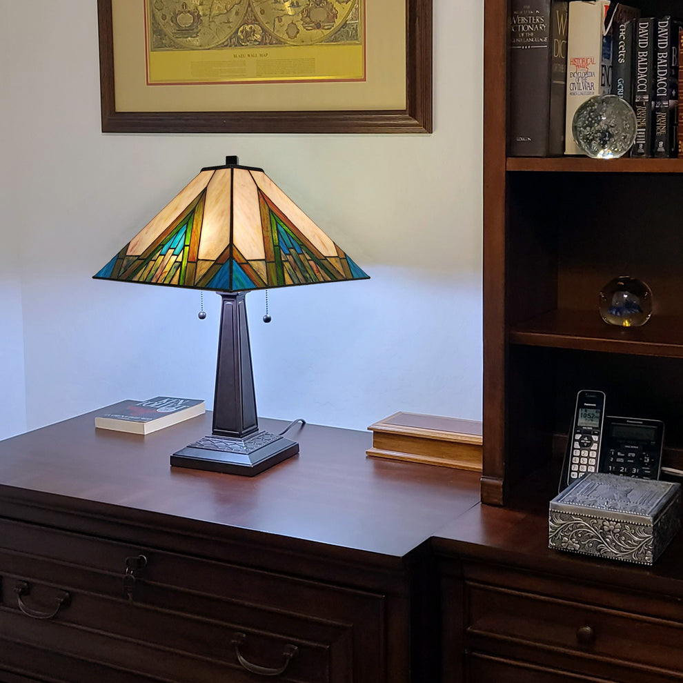 23" Stained Glass Handcrafted Pyramid Style Two Light Mission Style Table Lamp By Homeroots | Table Lamps | Modishstore - 4