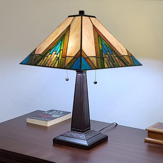 23" Stained Glass Handcrafted Pyramid Style Two Light Mission Style Table Lamp By Homeroots | Table Lamps | Modishstore - 6
