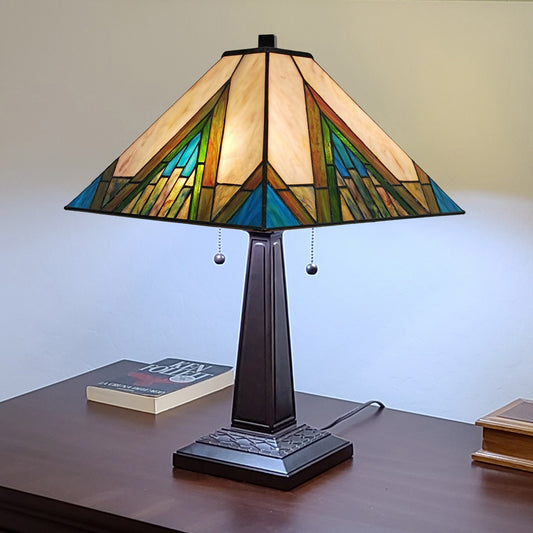 23" Stained Glass Handcrafted Pyramid Style Two Light Mission Style Table Lamp By Homeroots | Table Lamps | Modishstore