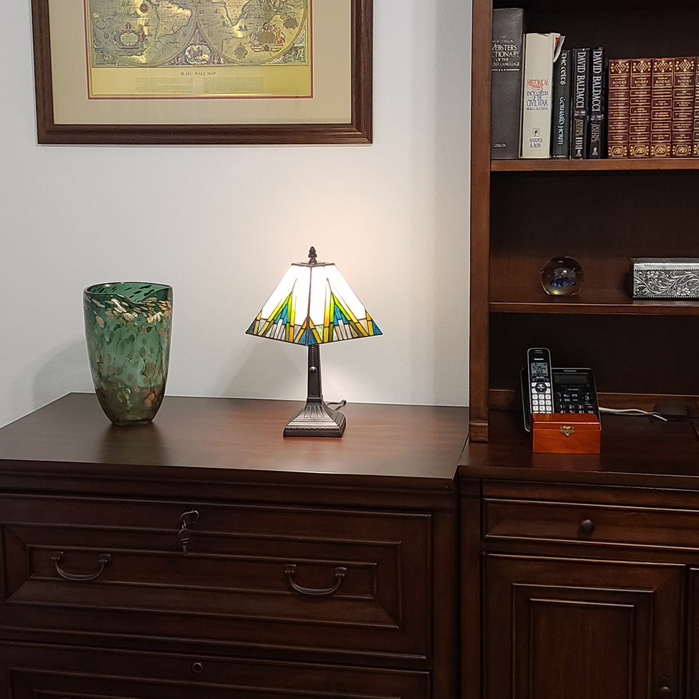 15" Tiffany White Yellow and Blue Mission Style Table Lamp By Homeroots | Table Lamps | Modishstore - 4