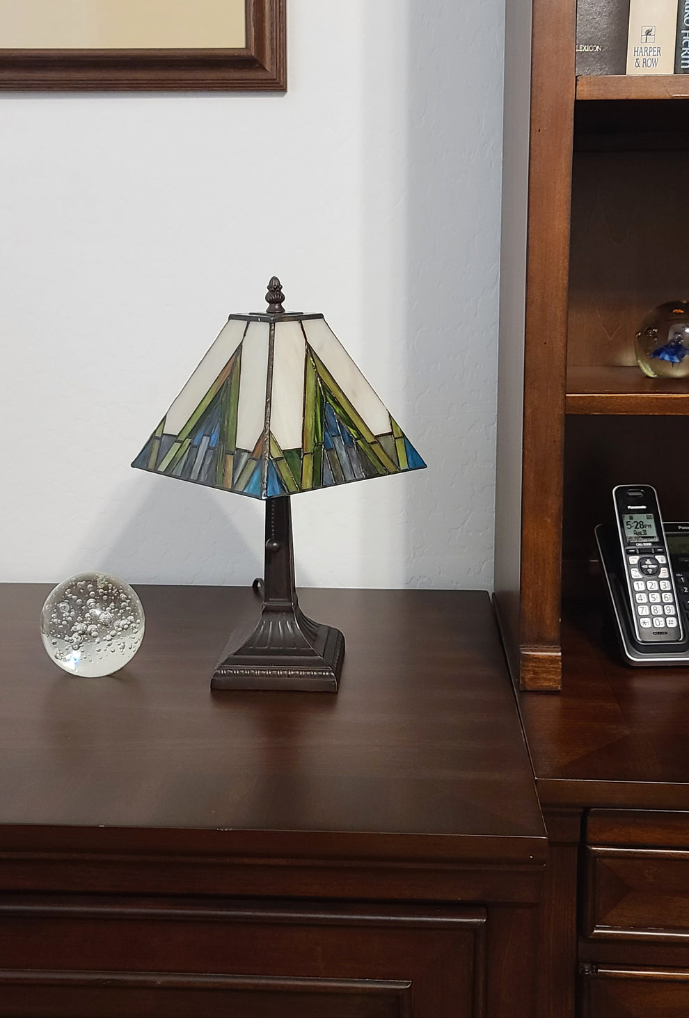 15" Tiffany White Yellow and Blue Mission Style Table Lamp By Homeroots | Table Lamps | Modishstore - 5