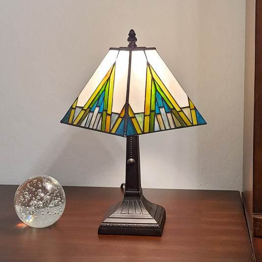 15" Tiffany White Yellow and Blue Mission Style Table Lamp By Homeroots | Table Lamps | Modishstore