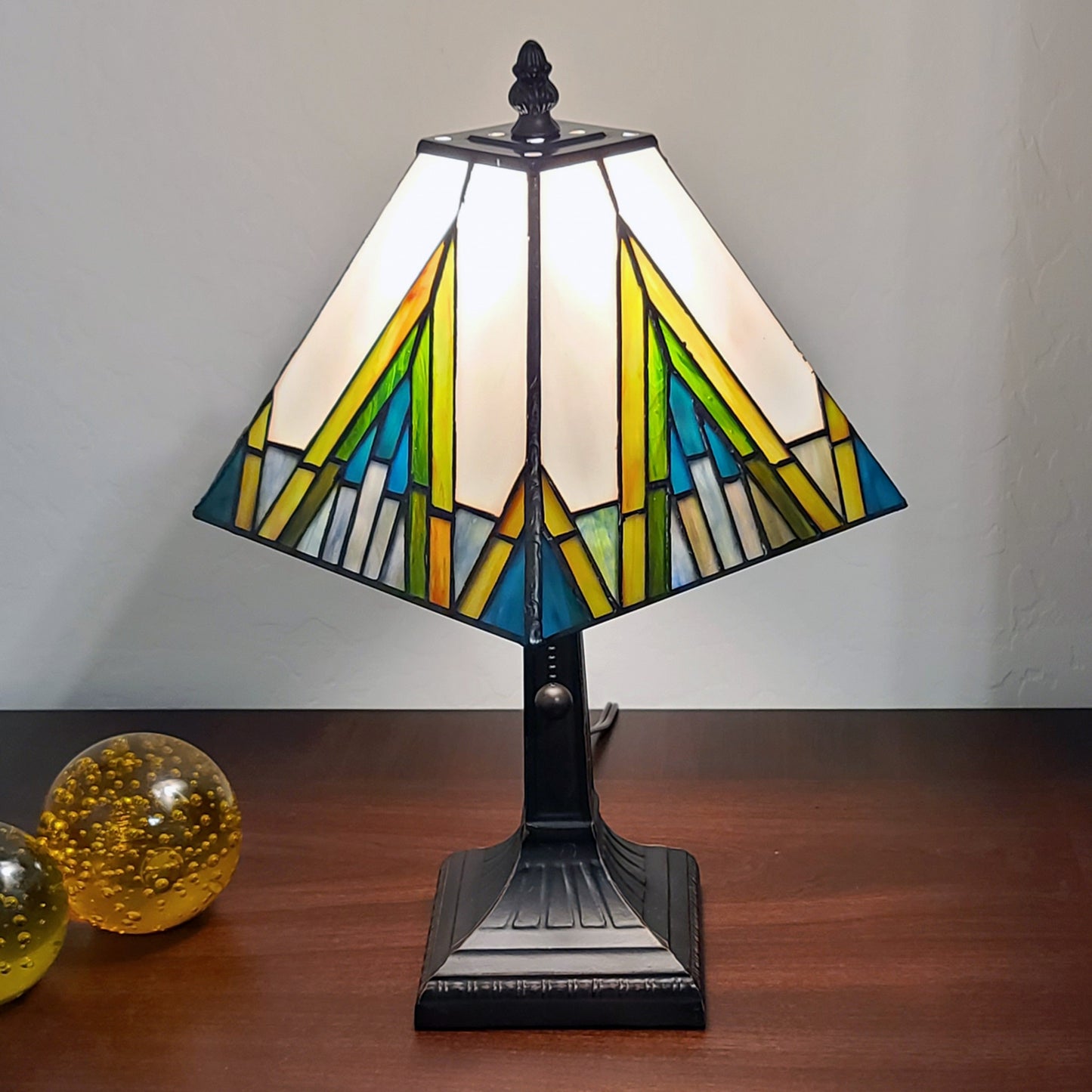 15" Tiffany White Yellow and Blue Mission Style Table Lamp By Homeroots | Table Lamps | Modishstore - 6