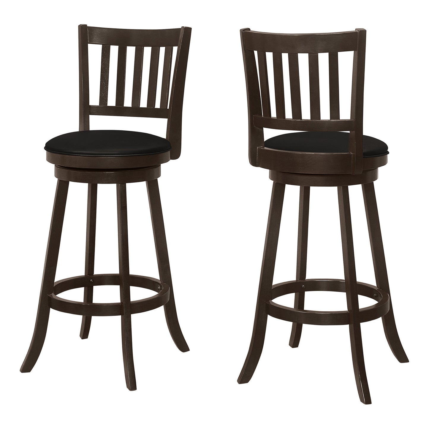 Set Of Two 29" Black And Espresso Faux Leather And Solid Wood Swivel Bar Height Bar Chairs With Footrest By Homeroots