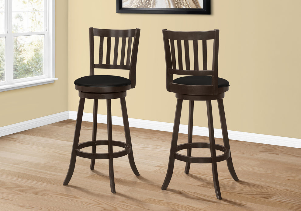 Set Of Two 29" Black And Espresso Faux Leather And Solid Wood Swivel Bar Height Bar Chairs With Footrest By Homeroots | Bar Stools | Modishstore - 3