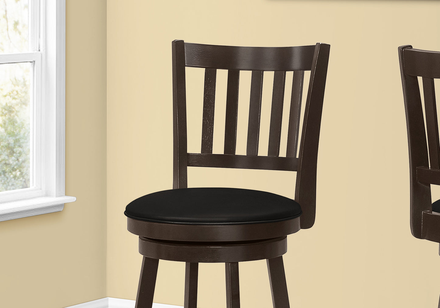 Set Of Two 29" Black And Espresso Faux Leather And Solid Wood Swivel Bar Height Bar Chairs With Footrest By Homeroots | Bar Stools | Modishstore - 4