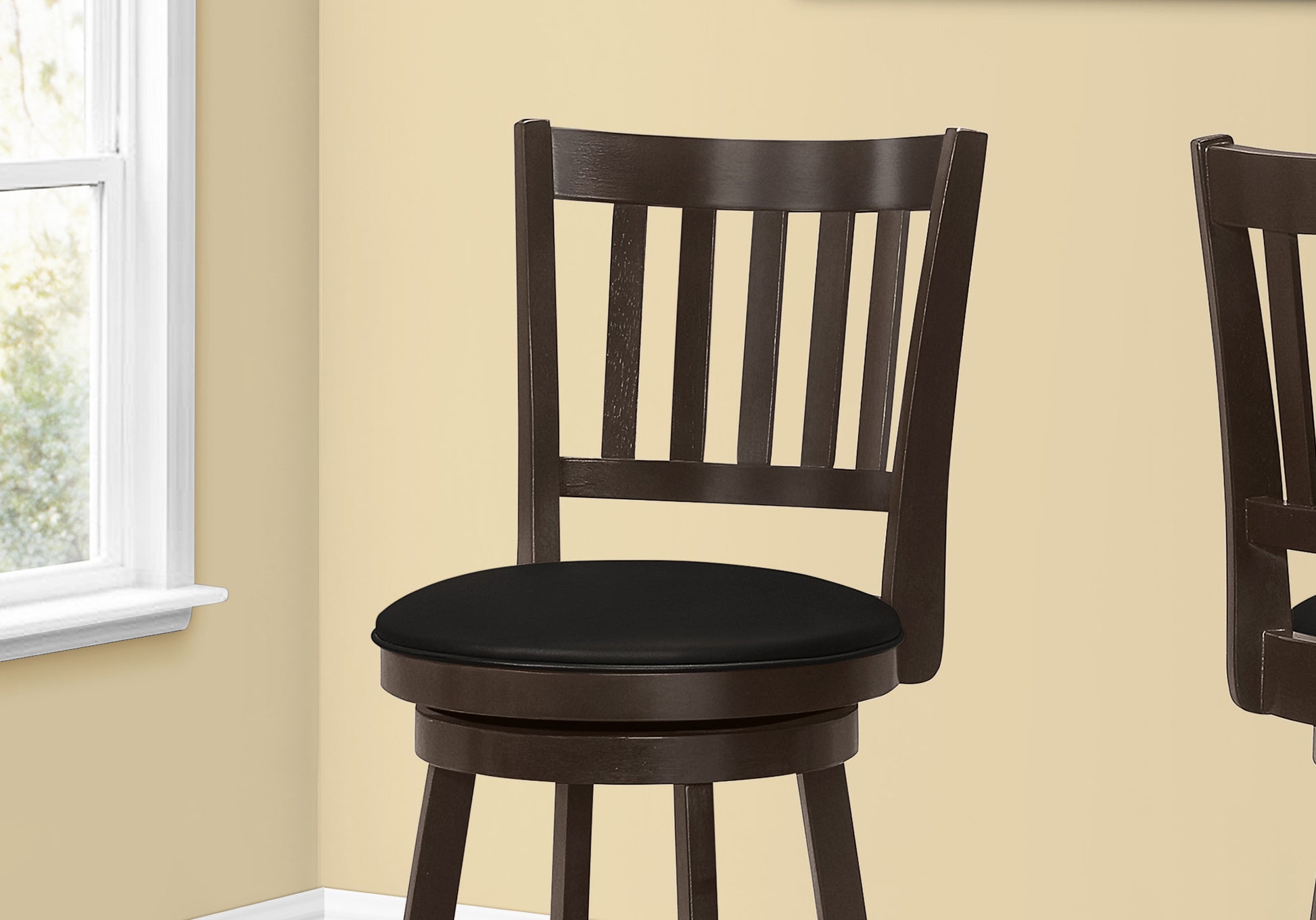 Set Of Two 29" Black And Espresso Faux Leather And Solid Wood Swivel Bar Height Bar Chairs With Footrest By Homeroots | Bar Stools | Modishstore - 4