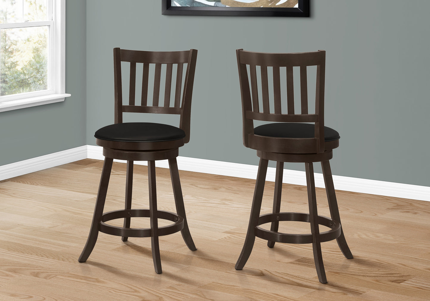 Set Of Two 23" Black And Espresso Faux Leather And Solid Wood Swivel Counter Height Bar Chairs With Footrest By Homeroots