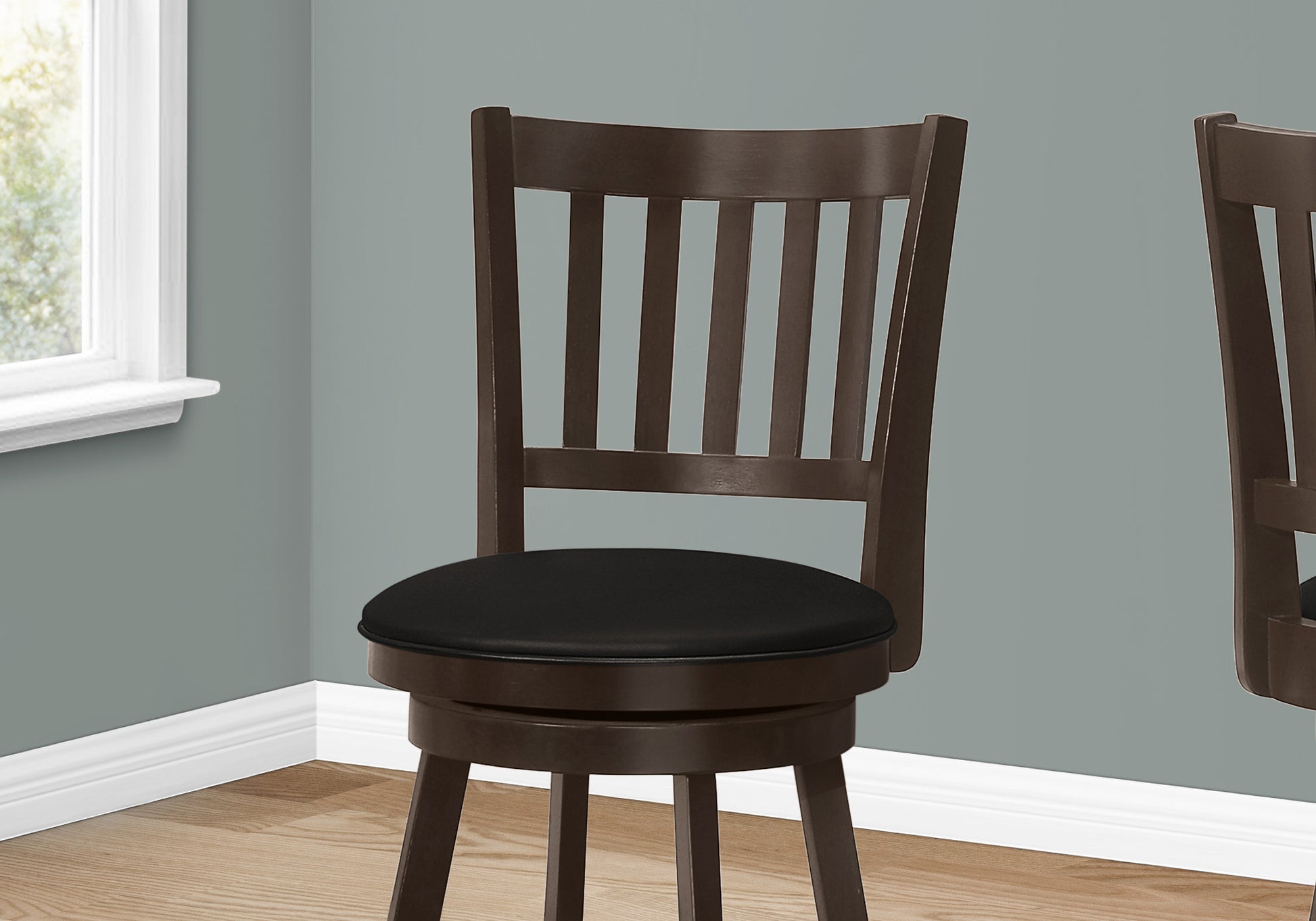 Set Of Two 23" Black And Espresso Faux Leather And Solid Wood Swivel Counter Height Bar Chairs With Footrest By Homeroots | Bar Stools | Modishstore - 4