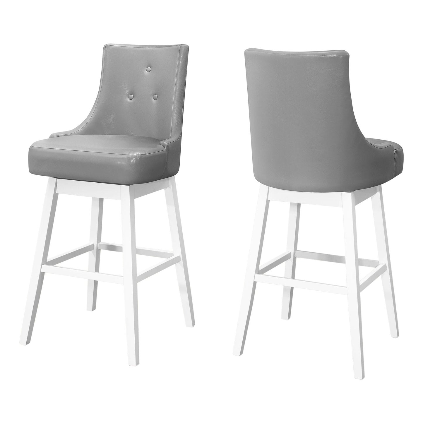 Set Of Two 29" Gray And White Faux Leather And Solid Wood Swivel Bar Height Bar Chairs With Footrest By Homeroots
