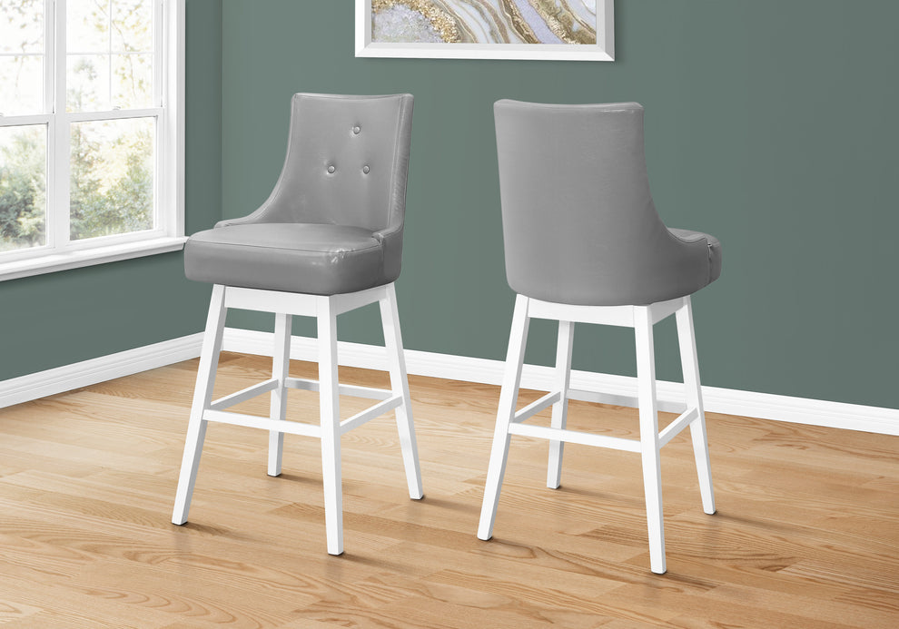 Set Of Two 29" Gray And White Faux Leather And Solid Wood Swivel Bar Height Bar Chairs With Footrest By Homeroots | Bar Stools | Modishstore - 3