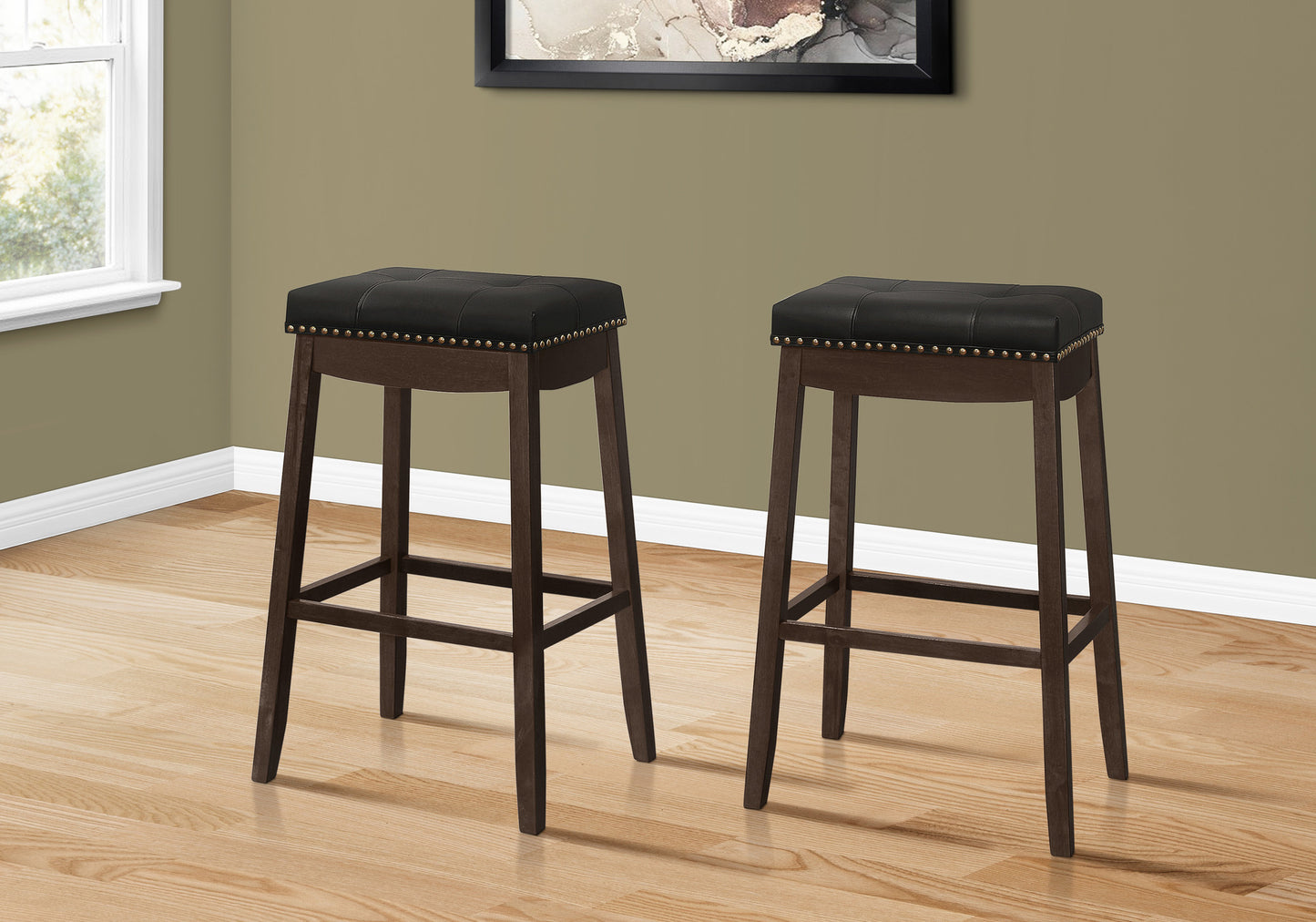 Set Of Two 30" Black And Espresso Faux Leather And Solid Wood Backless Bar Height Bar Chairs With Footrest By Homeroots