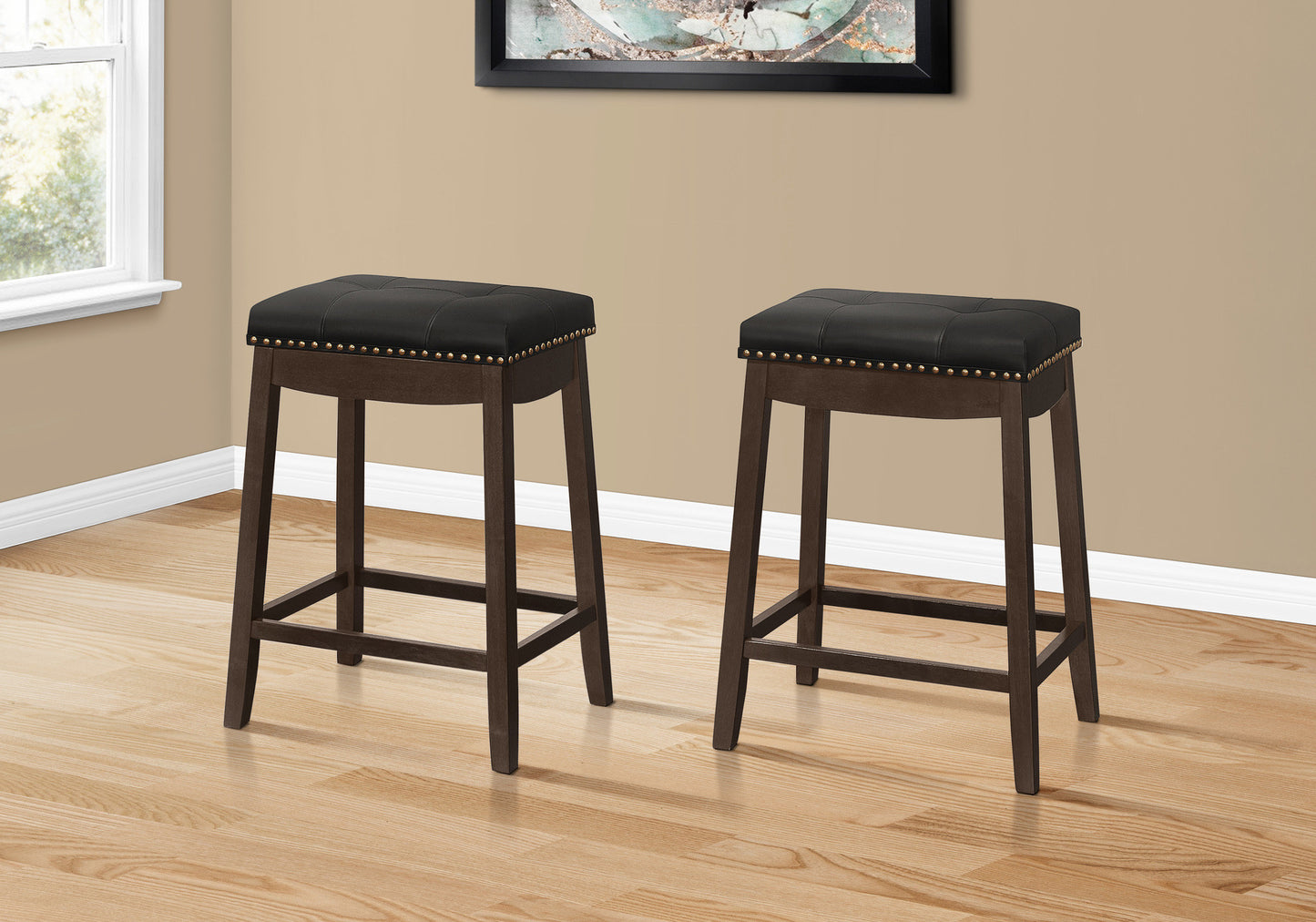 Set Of Two 25" Black And Espresso Faux Leather And Solid Wood Backless Counter Height Bar Chairs With Footrest By Homeroots