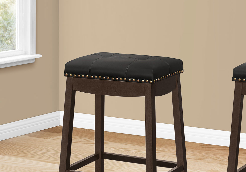 Set Of Two 25" Black And Espresso Faux Leather And Solid Wood Backless Counter Height Bar Chairs With Footrest By Homeroots | Bar Stools | Modishstore - 4