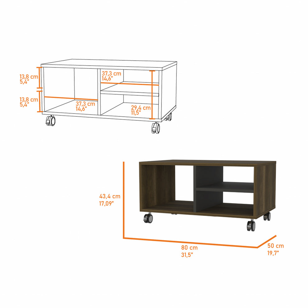 32" Walnut and Black Open Rectangular Coffee Table With Three Shelves By Homeroots | Coffee Tables | Modishstore - 4