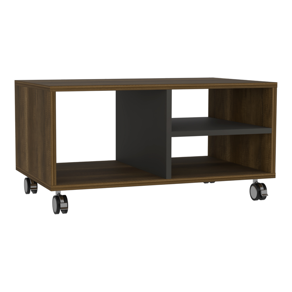32" Walnut and Black Open Rectangular Coffee Table With Three Shelves By Homeroots | Coffee Tables | Modishstore - 2