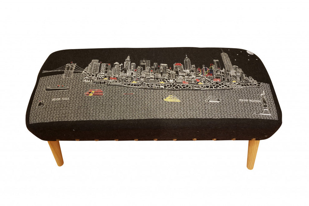 38" NYC Nighttime Skyline Embroidered Ottoman By Homeroots | Ottomans | Modishstore - 3