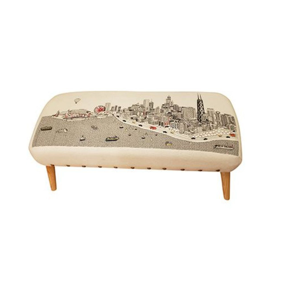 38" White Chicago Daylight Skyline Embroidered Ottoman By Homeroots | Ottomans | Modishstore