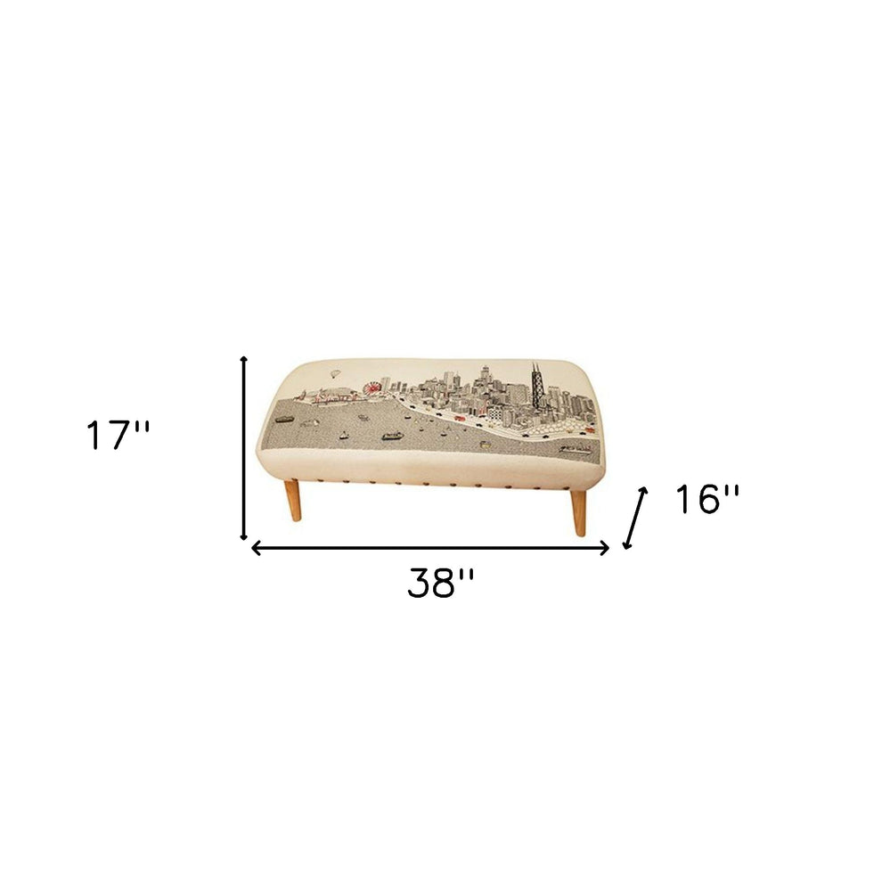 38" White Chicago Daylight Skyline Embroidered Ottoman By Homeroots | Ottomans | Modishstore - 2
