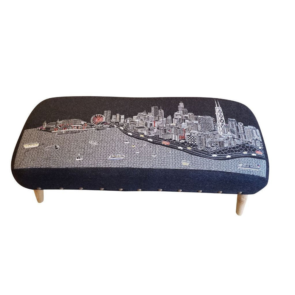 38" White Chicago Daylight Skyline Embroidered Ottoman By Homeroots | Ottomans | Modishstore - 5