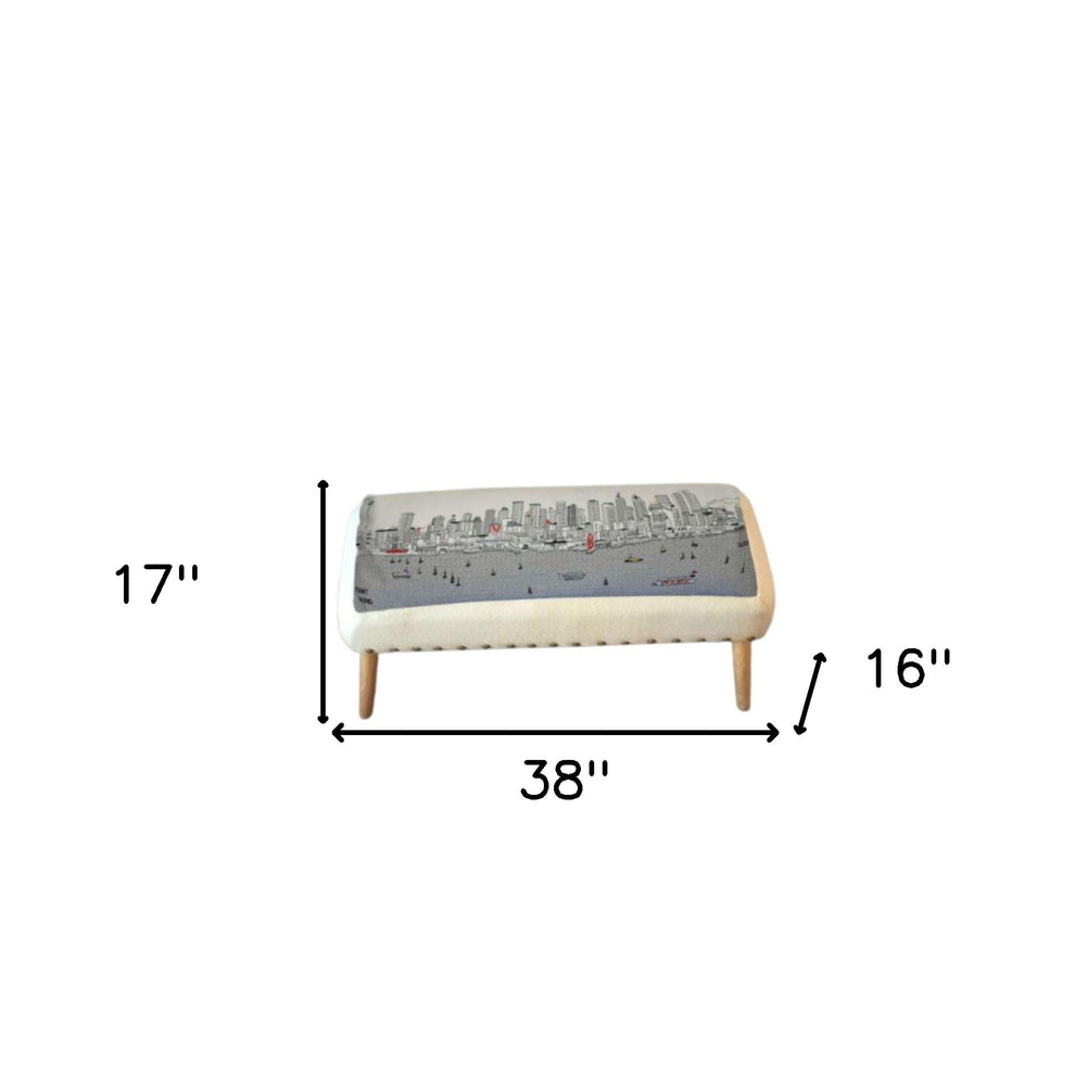 38" White Seattle Daylight Skyline Embroidered Ottoman By Homeroots | Ottomans | Modishstore - 2