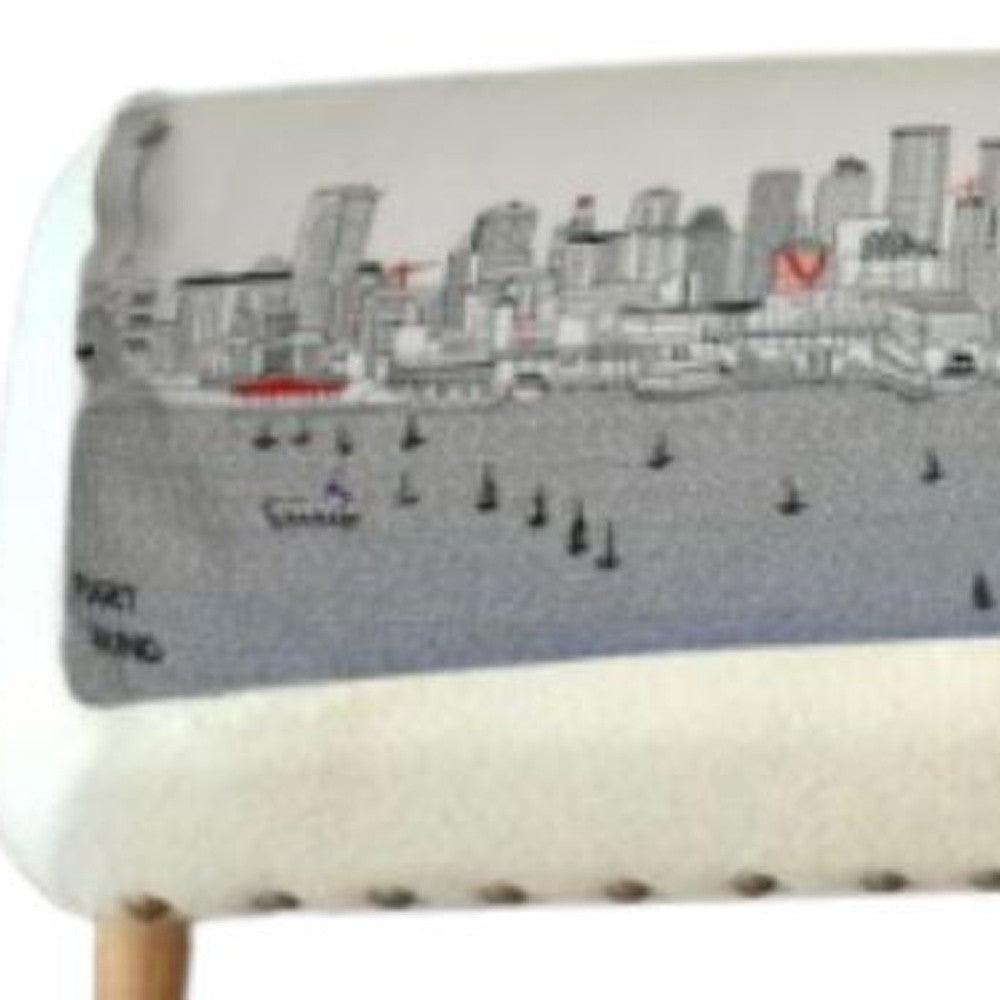 38" White Seattle Daylight Skyline Embroidered Ottoman By Homeroots | Ottomans | Modishstore - 3