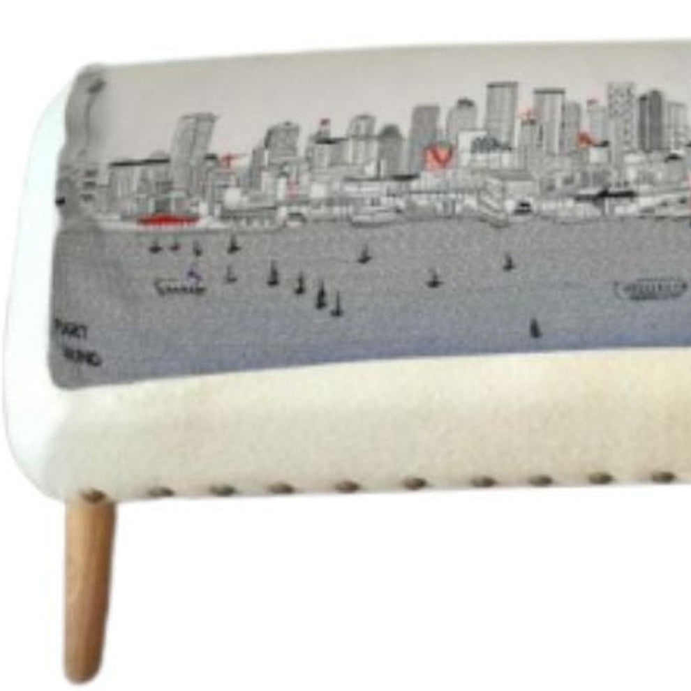 38" White Seattle Daylight Skyline Embroidered Ottoman By Homeroots | Ottomans | Modishstore - 4