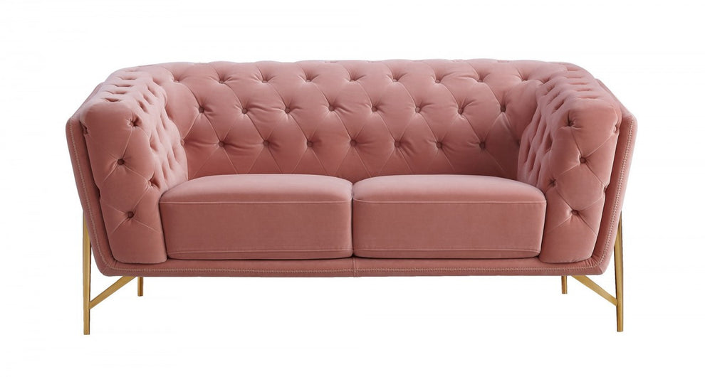 Stylish Pink Velvet Loveseat With Diamond Tufts By Homeroots | Loveseats | Modishstore - 2
