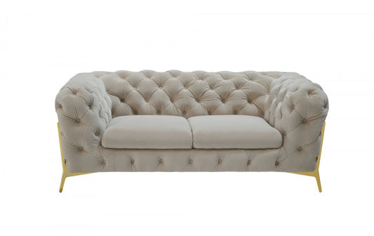 Contemporary 74" Beige Velvet And Gold Loveseat By Homeroots | Loveseats | Modishstore