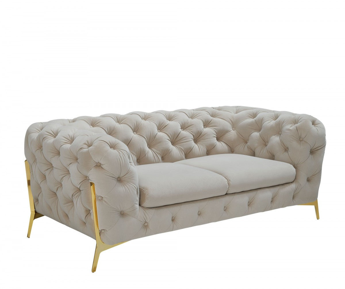 Contemporary 74" Beige Velvet And Gold Loveseat By Homeroots | Loveseats | Modishstore - 2