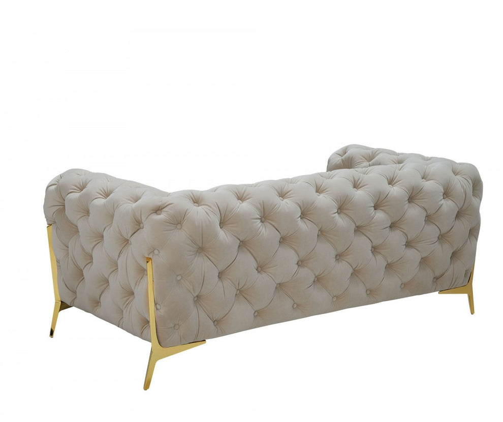 Contemporary 74" Beige Velvet And Gold Loveseat By Homeroots | Loveseats | Modishstore - 3